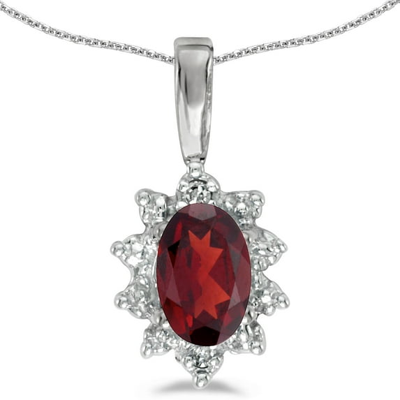 14k White Gold Oval Garnet And Diamond Pendant with 18" Chain