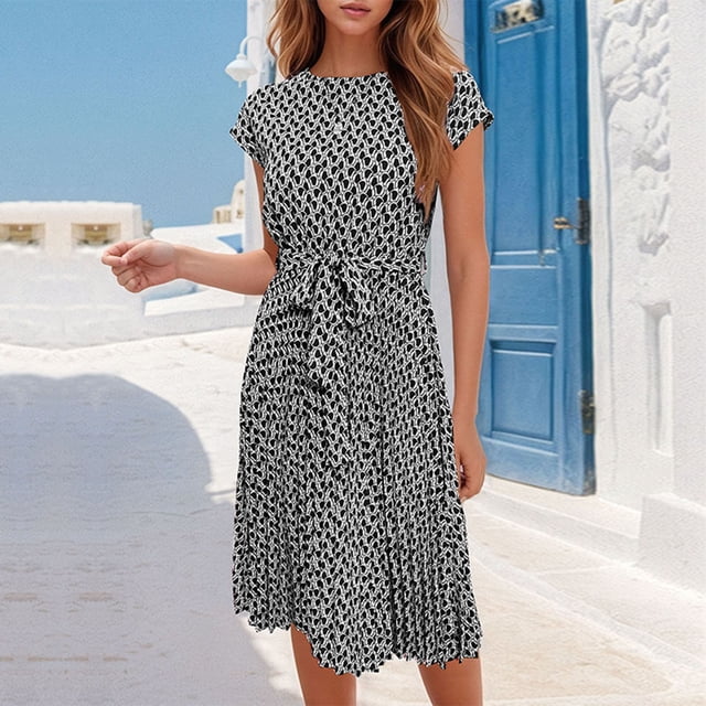 Puntoco Falda Plisada De Moda Casual Para Mujer Vestido De Cuello Redondo De Manga Corta Con Cintura Estampada Vestido De Cuello Redondo De Manga Corta Negro M,Regalos Para Mujer Joven