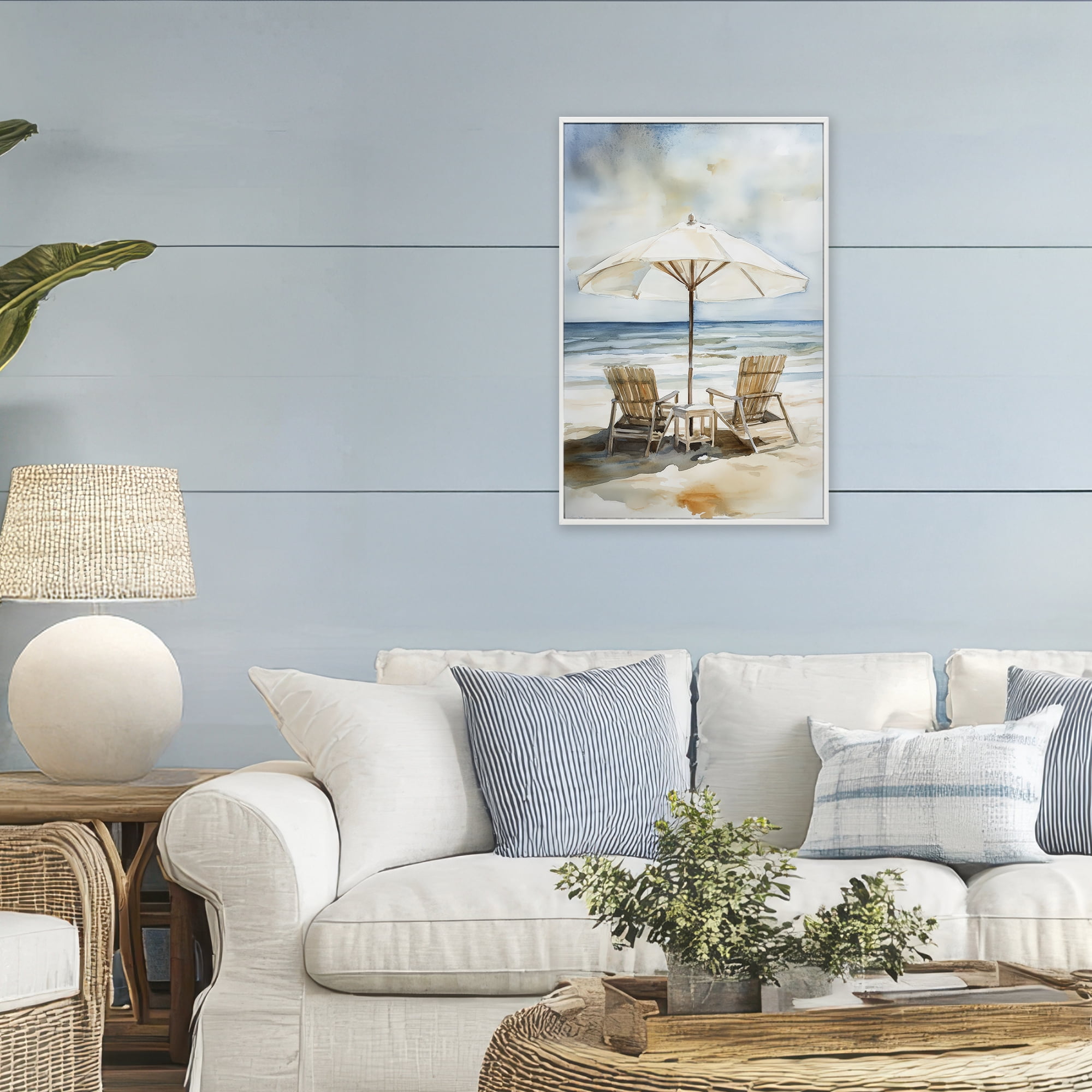 Stupell Industries Watercolor Paradise Beach Scene White Framed Giclee Art, design by Petal Prints Design