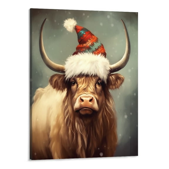 Shiartex Christmas Highland Cow Wall Art, Framed Small Farm Animal Christmas Canvas Print, Hairy Highland Cow Christmas Painting Holiday Cow Picture Wall Decor for Bathroom Nursery Home Decor 16x20 In