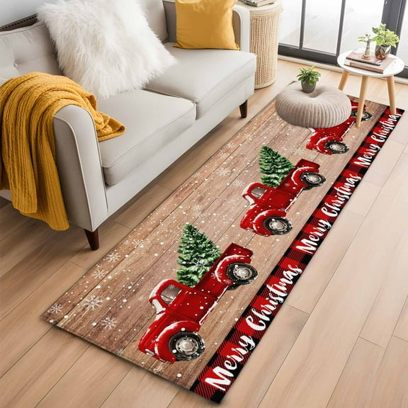 Red Truck Christmas Kitchen Runner Rug 2x6 Washable Runners for Hallway Non Slip Xmas Tree Snowflake Vintage Large Area Rug Indoor Floor Carpet for Bathroom Laundry Entryway Bedroom Living Room