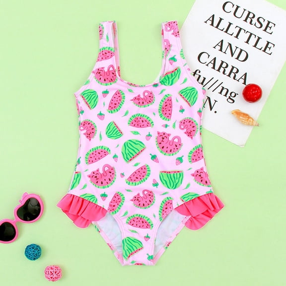 ASFGIMUJ Swimsuits For Girls Teens Summer Swimwear Cartoon Prints Ruffles 1 Piece Swimwear Beach Onesie Bikini Girls Bathing Suit,Size S