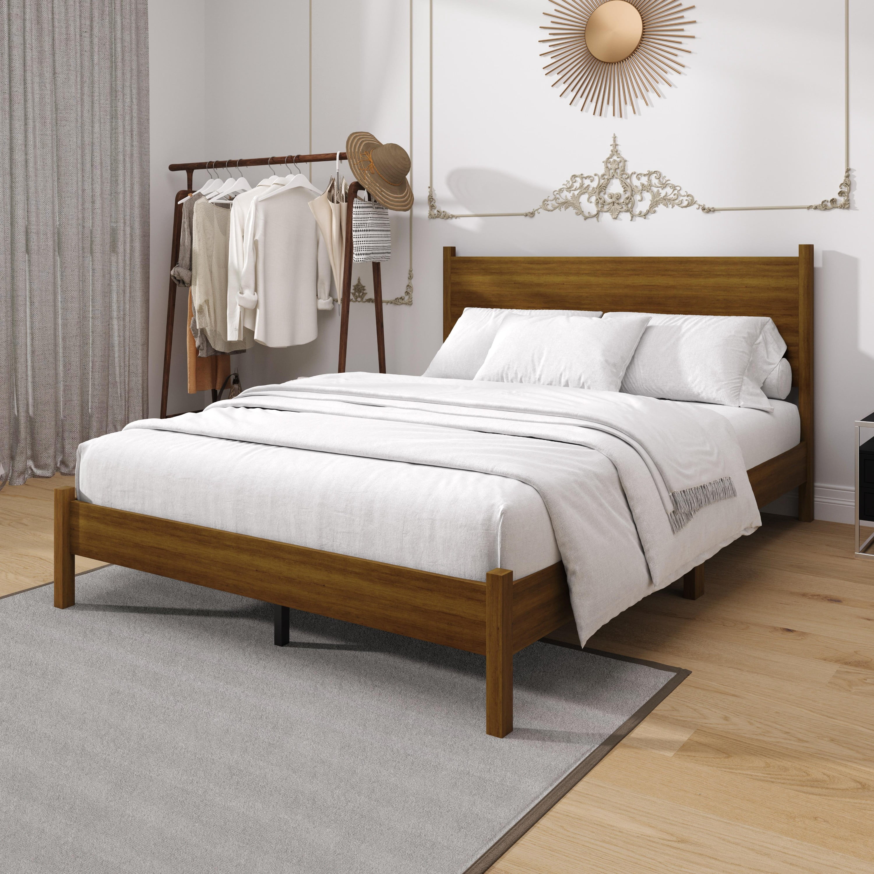 Home Design Branford King Wood Platform Bed Frame with Panel Headboard and Full Slat Support, Brown