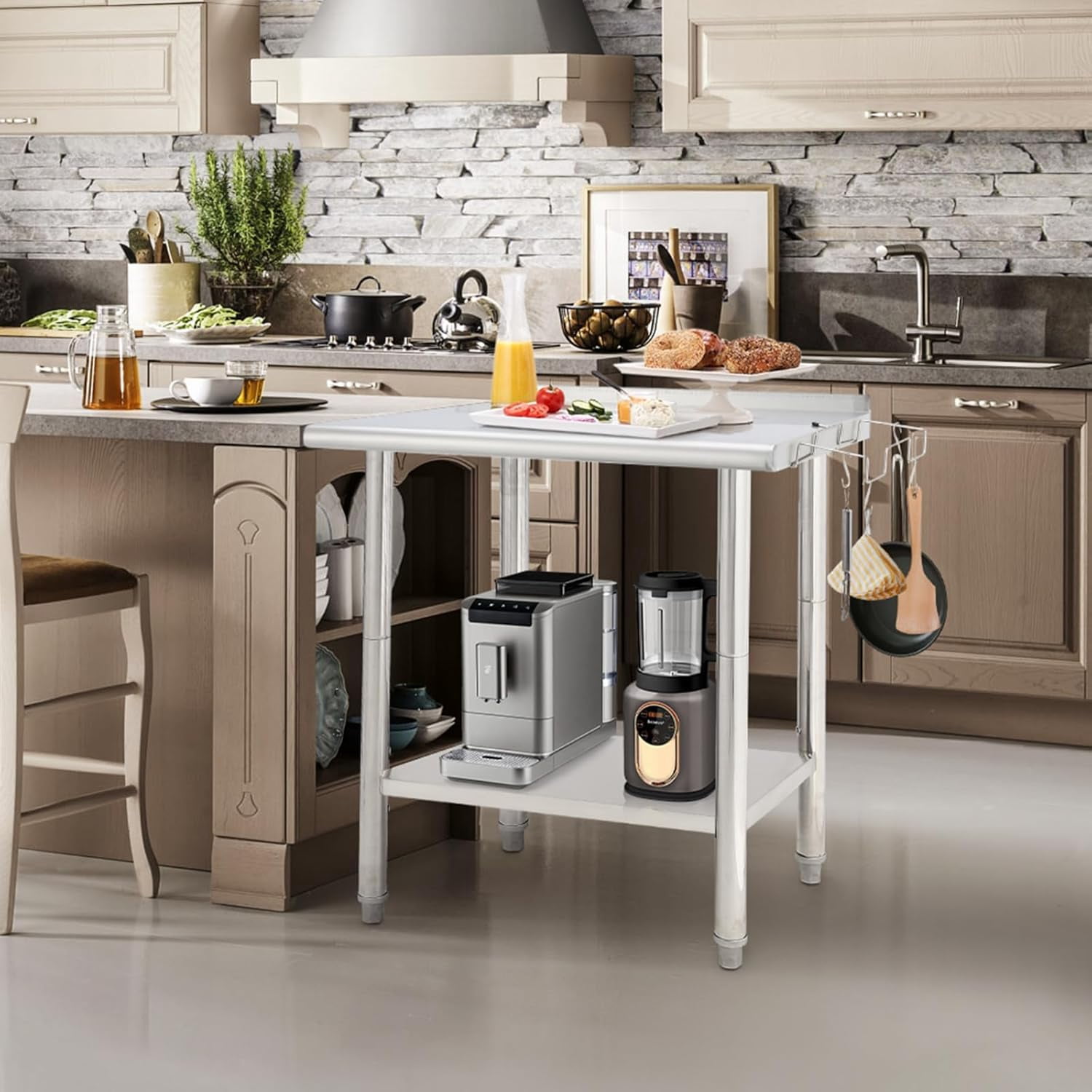 Tuekys Stainless Steel Table with Hooks,Metal Prep Table with Backsplash & Adjustable Undershelf,Curved Edge,Heavy Duty Food Prep Worktable for Home