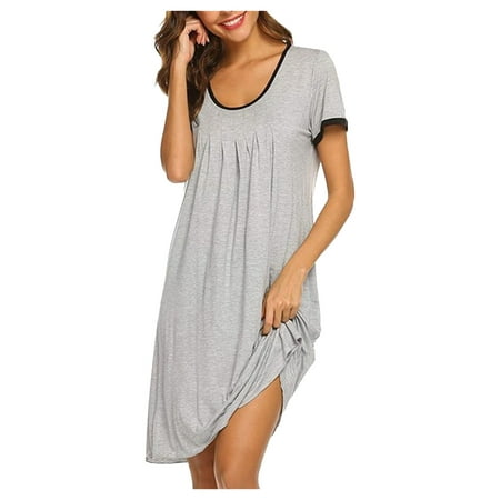

asdoklhq Womens Plus Size Clearance Dresses Women s Casual Solid Pleated Round Neck Patchwork Nightdress Dress