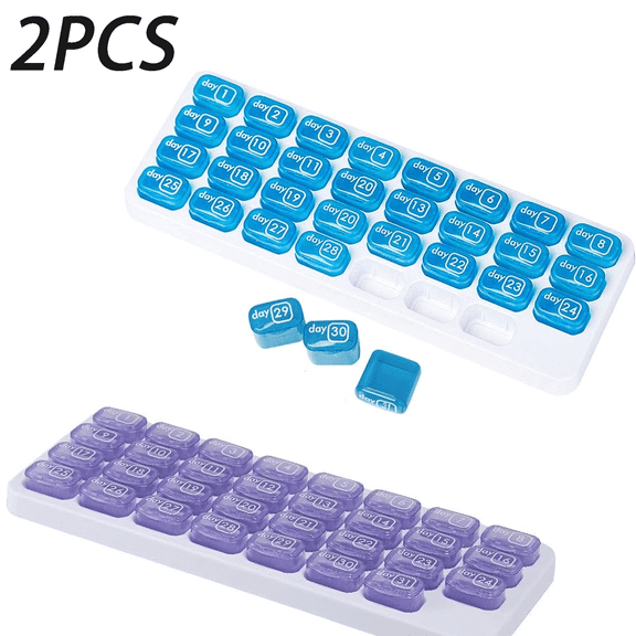 2 Pack Monthly Pill Organizer, 31 Day Portable Supplement Case Box, Blue and Purple Daily Medication Holder, BPA-Free Plastic Storage Container for Vitamins, Fish Oils, Supplements