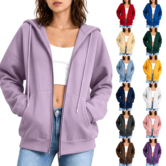 cocolona Zip Up Hoodies for Women Solid Color Drawstring Long Sleeve Sweatshirts Fall Trendy Casual Tops with Pockets