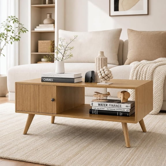Manxile Fluted Coffee Table with Storage, Modern Coffee Tables with Tambour Door for Living Room, Natural