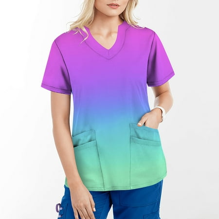 

EGNMCR Womens Nursing Scrubs Tops Trendy Color Block Patchwork Printing Working Uniform Short Sleeve V Neck Workwear Blouse T-shirt with Pockets on Clearance