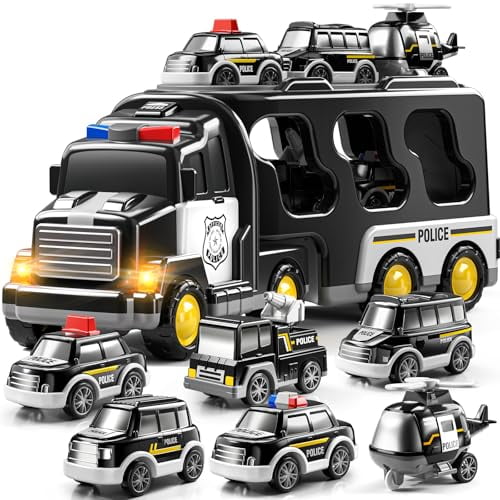Police Truck Toy for 3-9 Years Old Boys & Girls - 7 in 1 Black Carrier Vehicle Set with 5 Toy Cars & 1 Helicopter,Friction Powered Car for Kids Age 1-3,Birthday Gifts for Toddlers 3-5