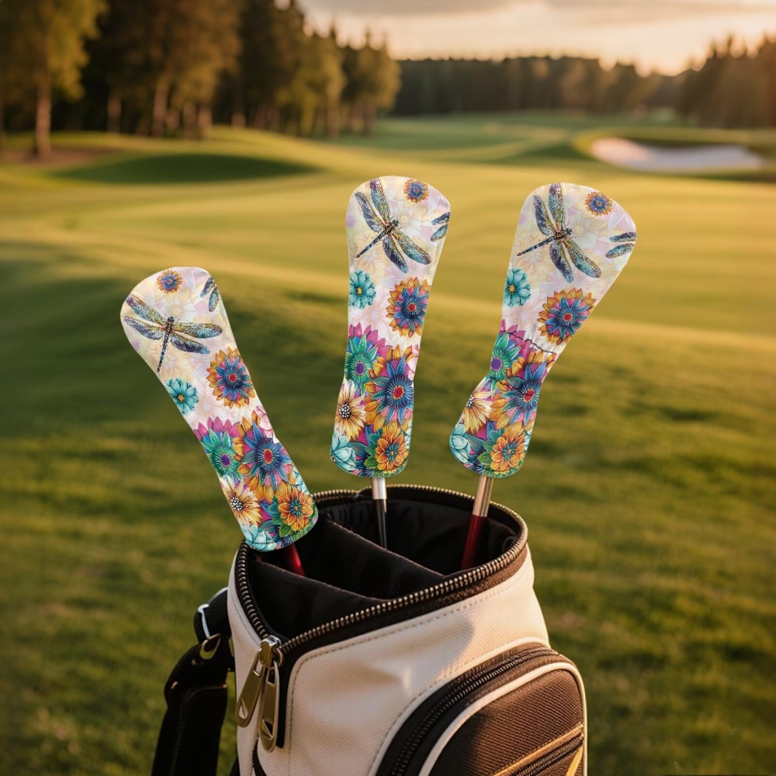 Uorisanigo Golf Club Head Cover for Woods/Drivers/Hybrirds, Premium PU Leather Ethnic Floral Dragonfly Headcovers Accessories for Women Men, Soft Interior Protect Club Head