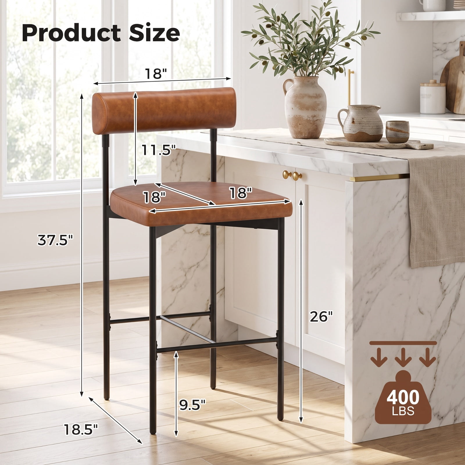 Furnibear 26 Inch Upholstered Bar Stools Set of 2 Counter Height Bar Chairs with Backrest for Kitchen Island Counter Bar Pub Dining Home, Brown
