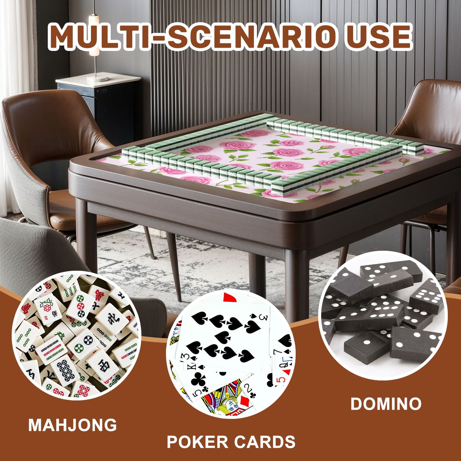 Mahjong Mat 31.5" x 31.5" Seamless Pink Rose Flower Green Leaves Light Non-Slip Noise Reduction American Mahjong Tiles Table Cover for Dominoes Poker Card Board Games Gift