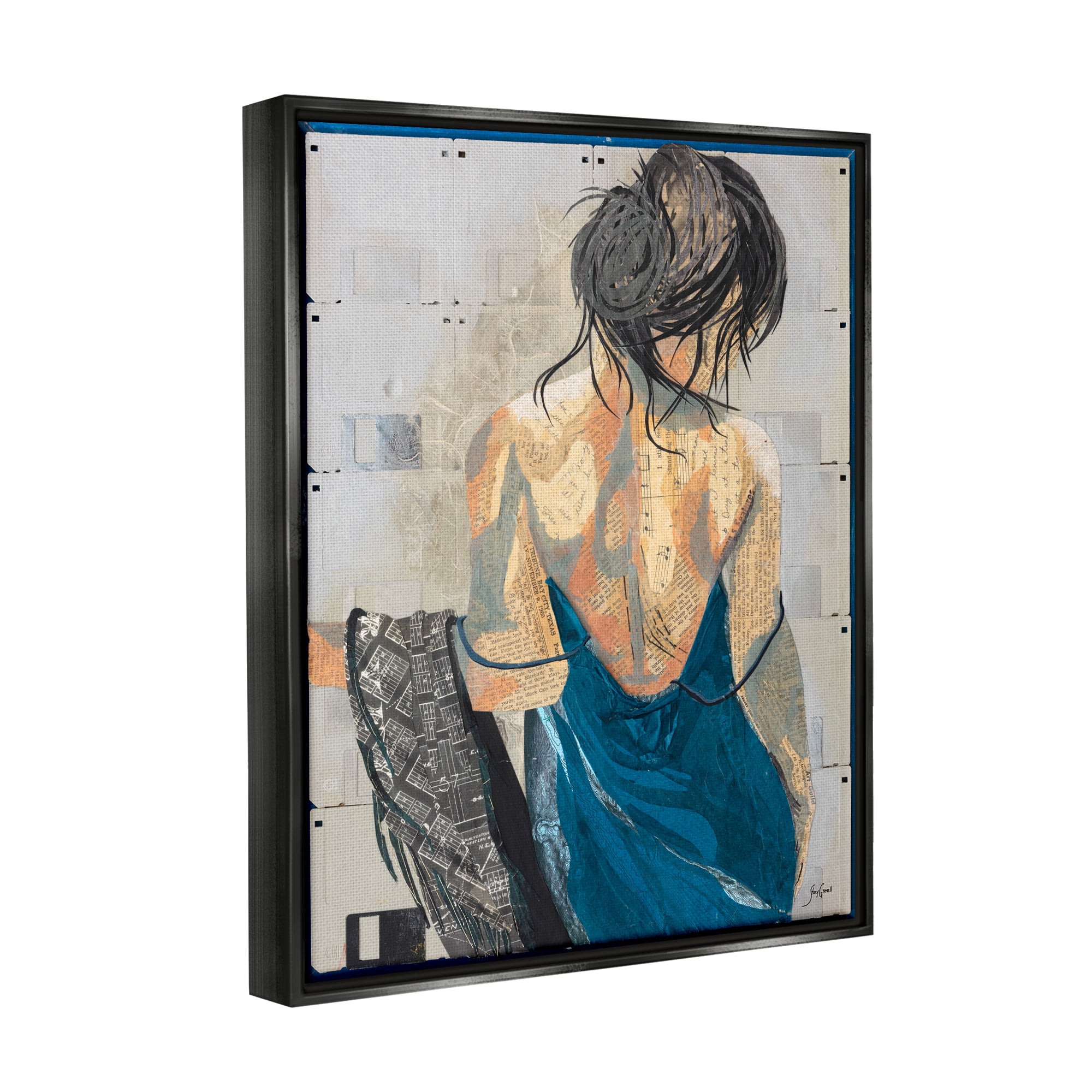 Stupell Industries Girl with Music Notes Collage Abstract Painting Black Floater Framed Art Print Wall Art, 17 x 21