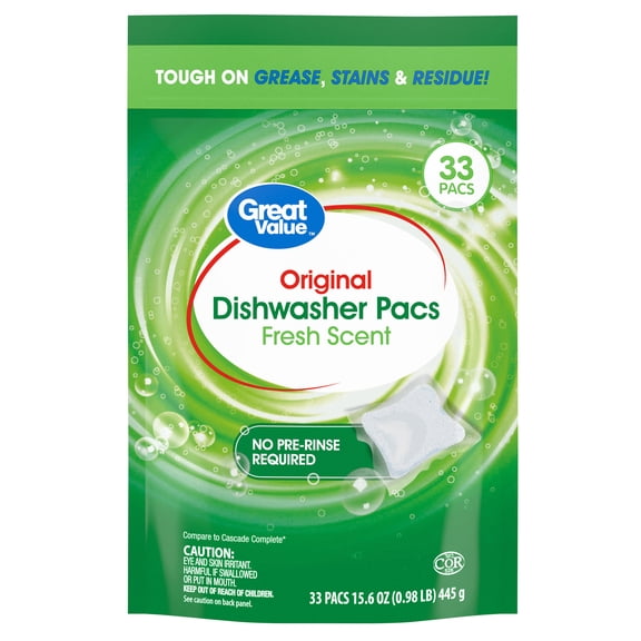 Great Value Original Dishwasher Pacs, Fresh Scent, 33 Count
