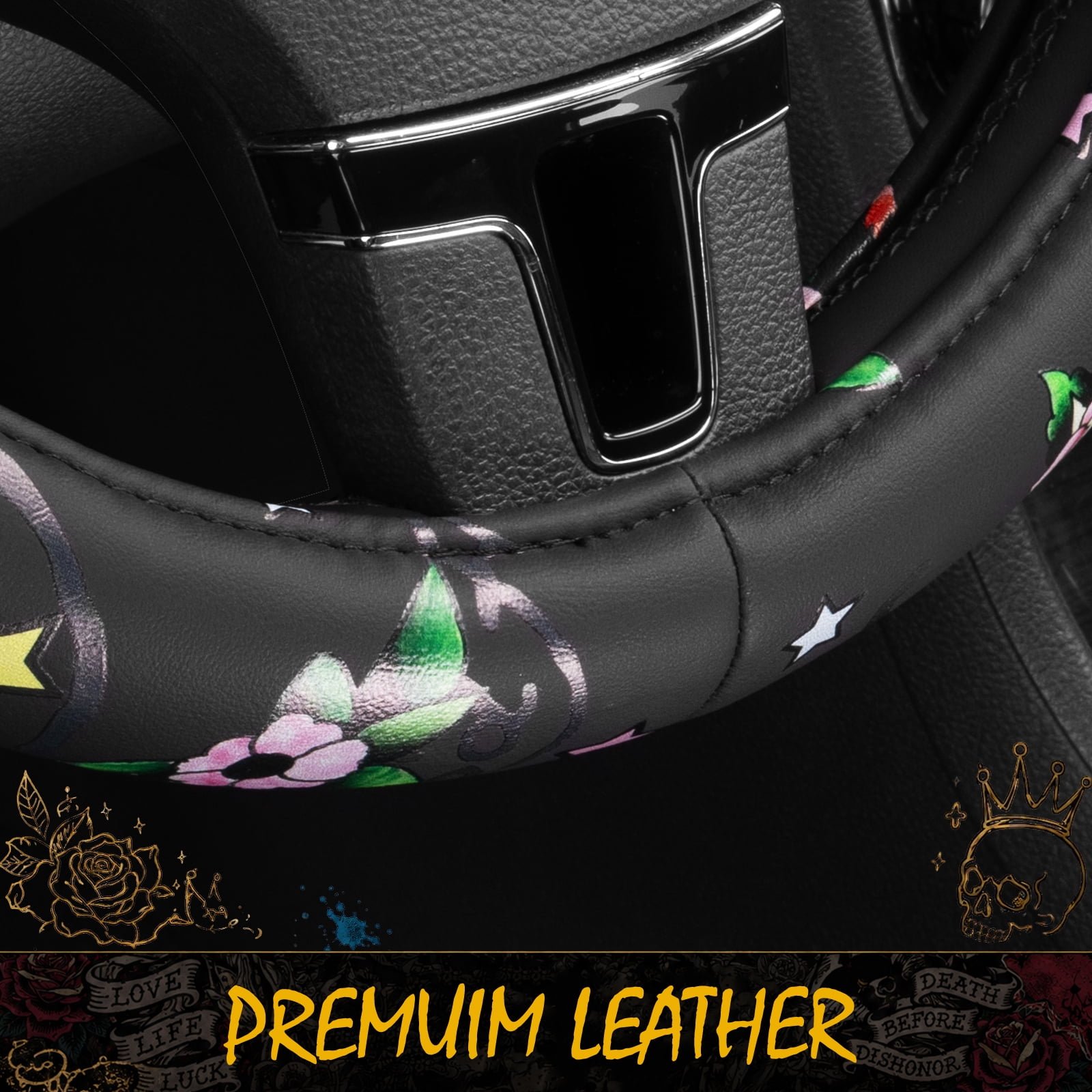 Ed Hardy Steering Wheel Cover, Tiger Print Steering Wheel Cover,Leather Steering Wheel Cover Non-Slip, Universal Fit for Cars SUV Truck, Fits 14.5"–15"