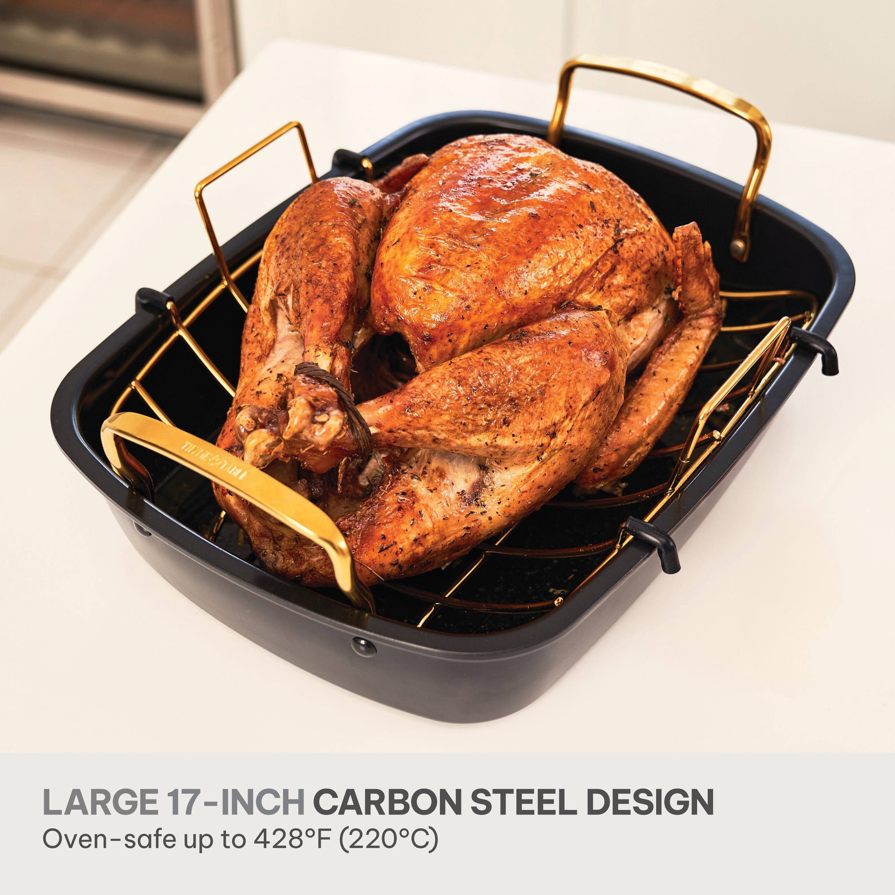 Thyme & Table 17-inch Carbon Steel Non-Stick Roasting Pan with Rack - Black and Gold