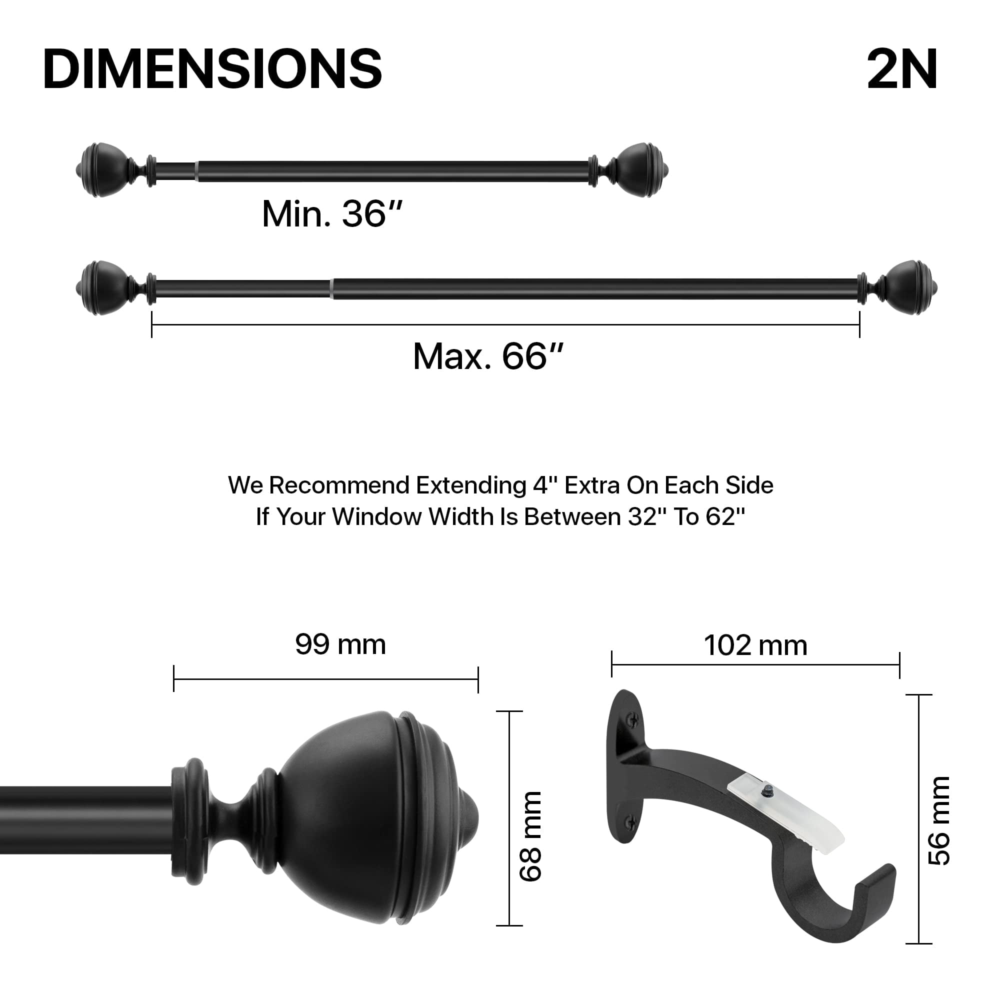 Deco Window 25mm Diameter Black Stacked Round Adjustable Single Curtain Rods, 36 in - 66 in
