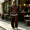 thumbnail image 2 of Sorvello Men's 2 Piece Fashion Tracksuit Loose Fit Hoodie Top Wide Leg Pants Streetwear Outfit For All Season Daily Casual Home Outdoor Wear Coffee XL, 2 of 10