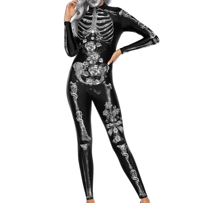 Honeystore Womens Halloween Skeleton Catsuit Costume 3D Stretch Skinny Bodysuit 