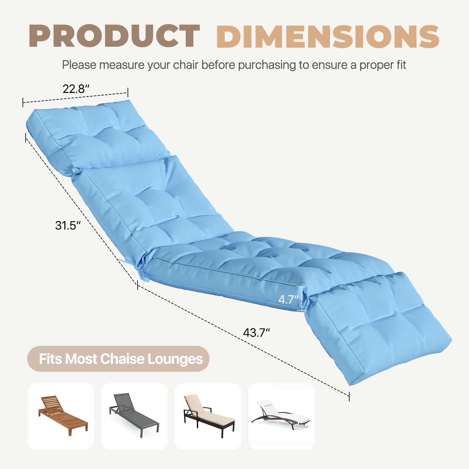 BaPiPro All-Weather Outdoor Chaise Lounge Cushion, Secure-Tie Patio Recliner Cushion with Plush PP Cotton Support for Patio, Poolside & Balcony, Sky Blue