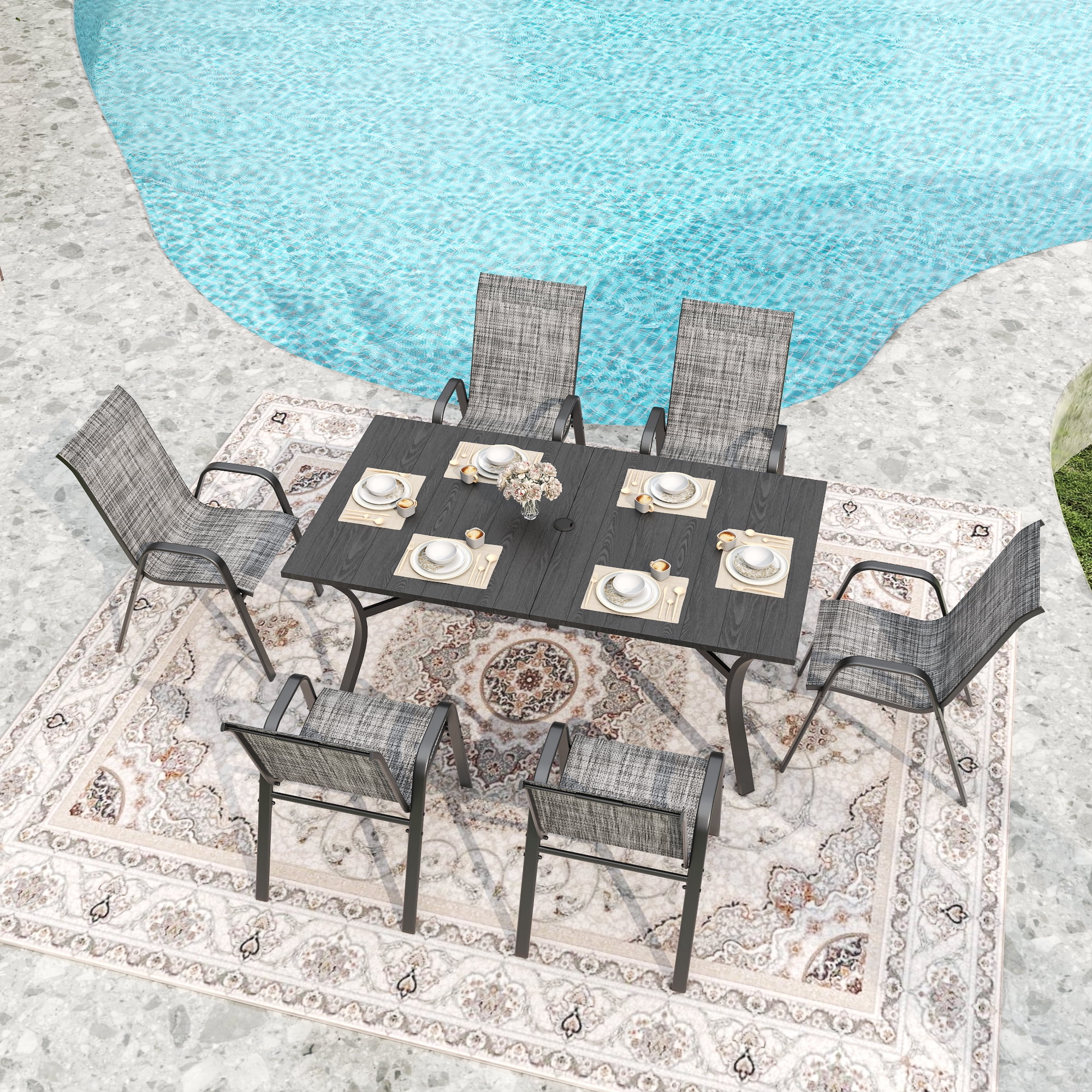6-Piece Outdoor Dining Chair Set with Wide Ergonomic Seat, 350 lb Capacity per Chair Heavy Duty Metal Frame, Waterproof Teslin Fabric for Patio Garden Backyard, Grey+Black