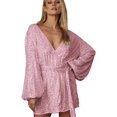 thumbnail image 3 of Mini vestido de fiesta de manga larga con cuello en V y lentejuelas brillantes Clubwear Y2K Vestidos con cinturón Vestido de corte bajo Vestidos de cóctel para mujer para invitados de boda Manga larga, 3 of 4