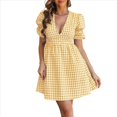 thumbnail image 1 of Vestido Midi con Estampado de Cuadros Retro para Mujer, Cuello en V, Corta, Volantes, Informal, Abotonado Amarillo M, 1 of 7