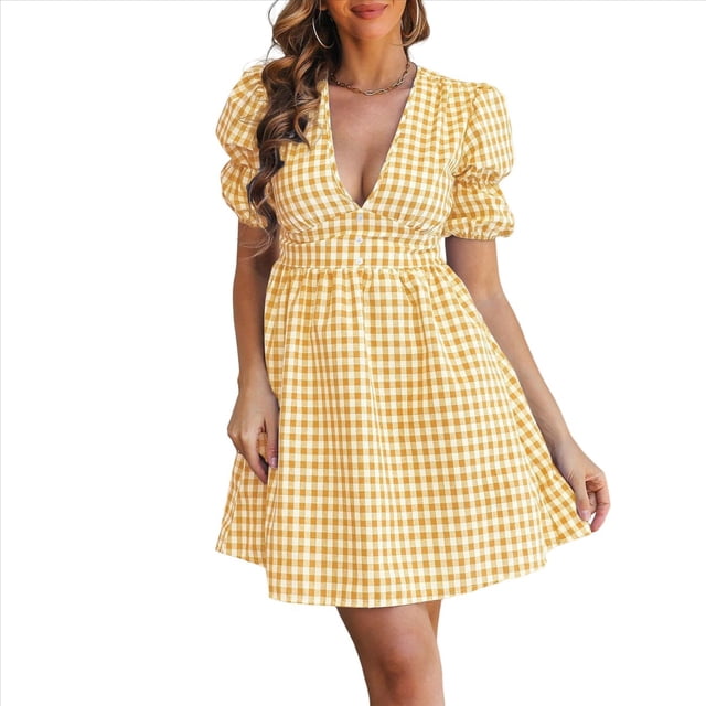 Vestido Midi con Estampado de Cuadros Retro para Mujer, Cuello en V, Corta, Volantes, Informal, Abotonado Amarillo M