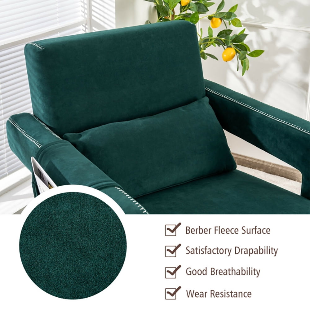 Finihen Accent Single Sofa Chair with Ottoman, Modern Berber Fleece Single Sofa Chair with Ottoman and Waist Pillow, for Living Room, Bedroom, Green