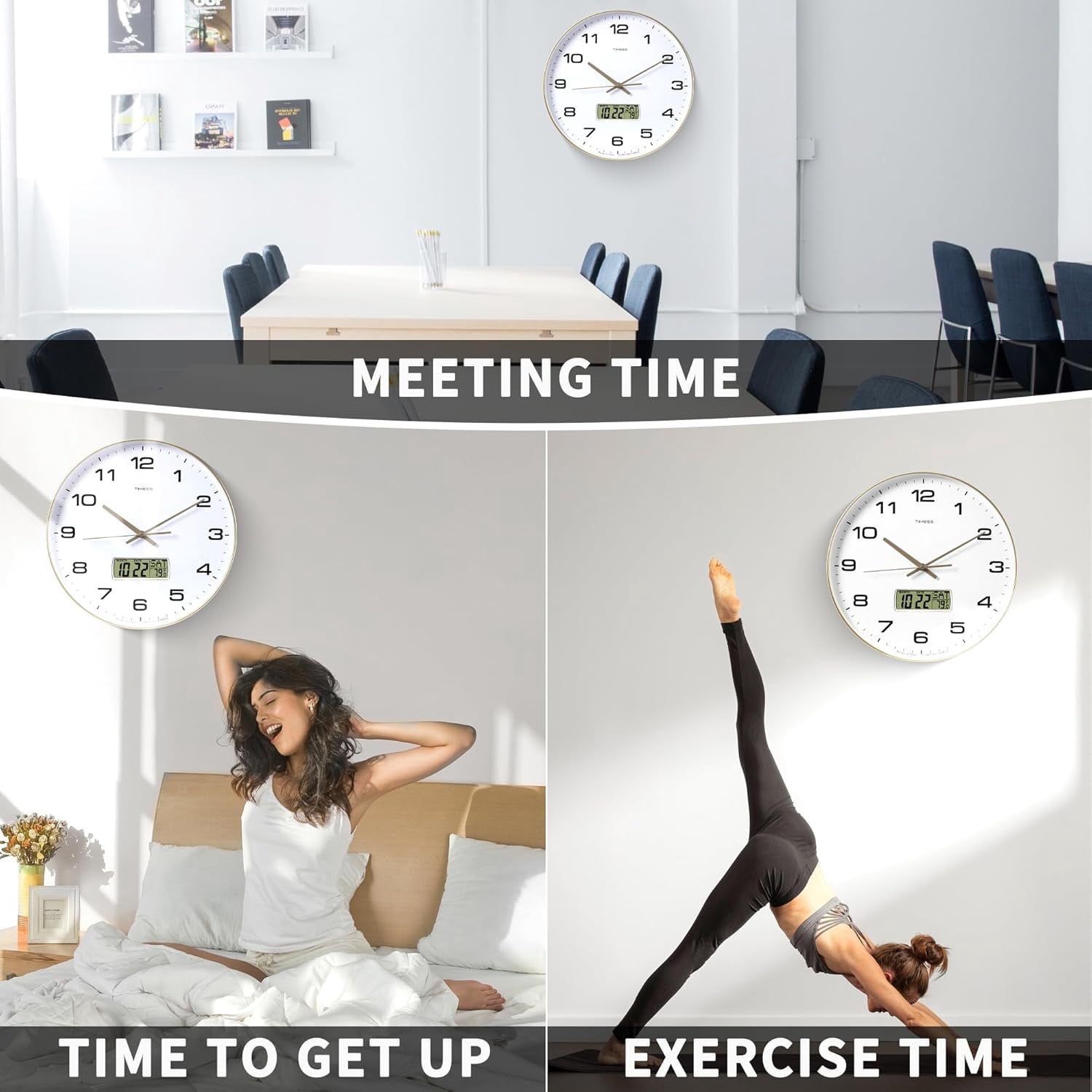 TIMESS 12" Analog Wall Clock with Date Display, Battery Operated Modern Clock for Living Room (Gold)