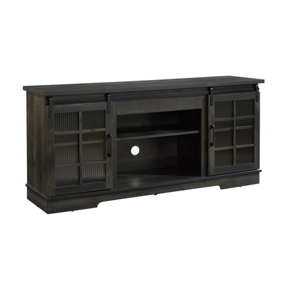 Knubmt 2 Tempered Glass Doors TV Stand with Open Shelf, TV Desk Storage Rack for TVs Up to 65", TV Cabinet for Living Room, Office, Gray