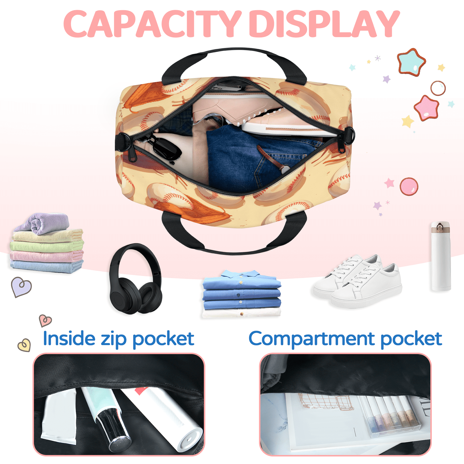 Herdesigns Baseball Gym Bag for Women, Duffle Bag for Travel Sport, Ball Game Lightweight Waterproof Carry on Weekender Dance Yoga Workout Bags