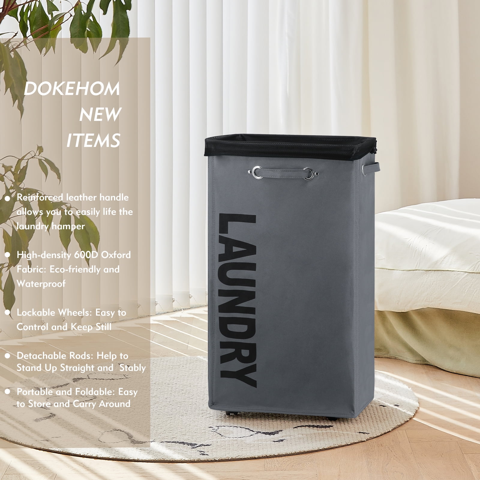 DOKEHOM 90L Large Laundry Basket, Collapsible Laundry Bag, Freestanding  Tall Clothes Hamper, Foldable Washing Bin (Black)