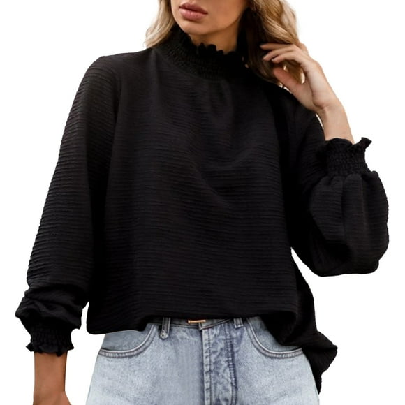 SNKSDGM White Long Sleeve Shirts for Women Crop Top Fall Shirts for Women Coffee Women's Solid Ruffle Hem Neck Puff Sleeve Blouse Top Xl