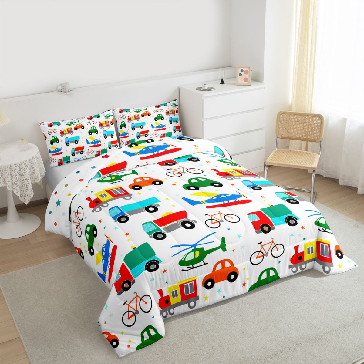Manfei Colorful Cartoon Cars Bedding Comforter Set,Modern Aircraft Aitplane Twin Comforter Sets,Cute Multicolor Stars Bedding Set For Boys Girls,Super Cozy Room Decor Reversible,2pcs