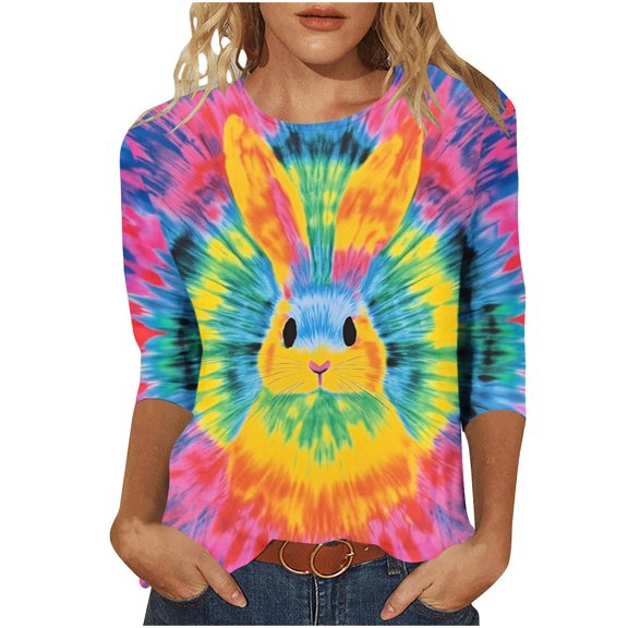 Enjoytime Easter Womens Tops Cute Eggs Bunny Print Crew Neck 3/4 Sleeve T Shirts Loose Casual Plus Size Shirt