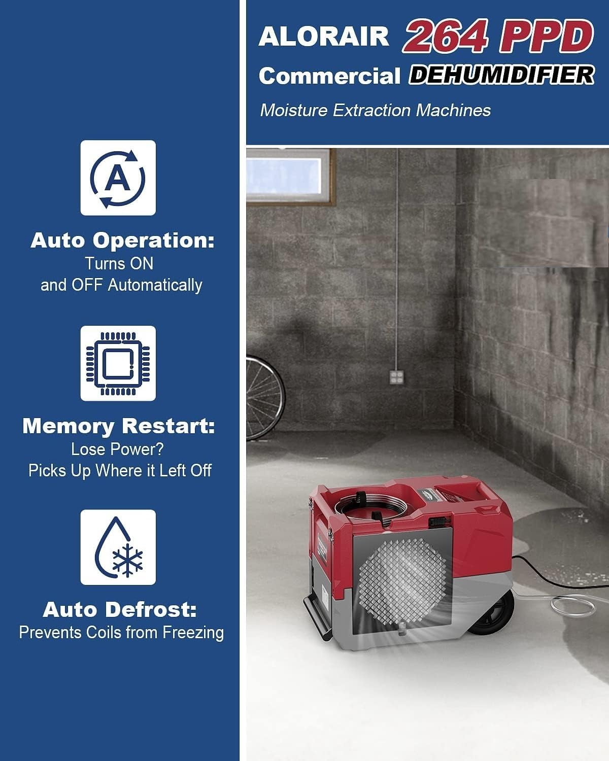 ALORAIR  Commercial Dehumidifiers, 264 PPD Performance Industrial Dehumidifier with Pump, Compact, Portable Industrial dehumidifier for Water Damage Restoration, Up to 3000 Sq.Ft ,SLGR Dehumidifiers