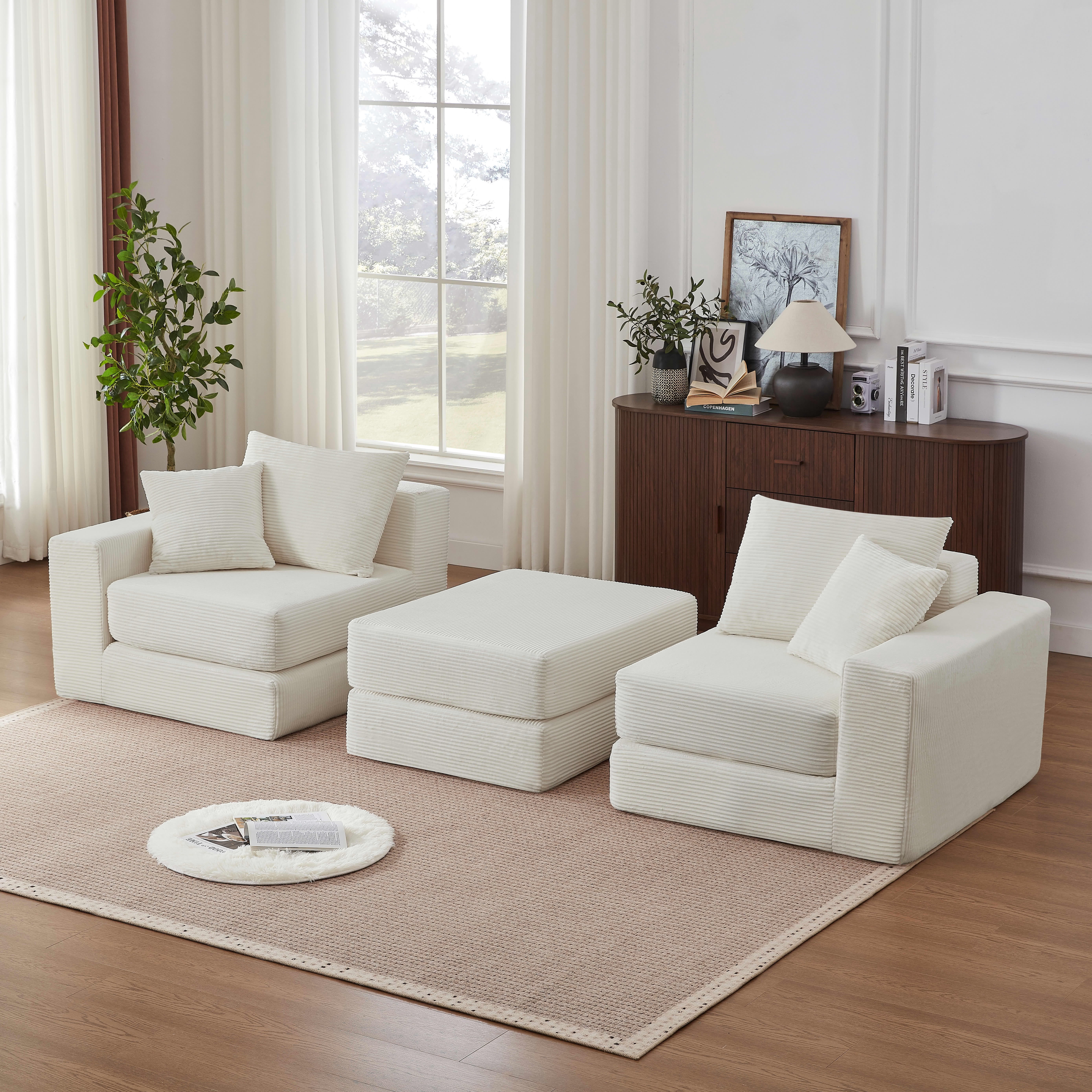 MAYEERTY Minimalist Corduroy Modular Sectional Cloud Sofa - Boneless Sleeper Couch for Customizable Living Spaces, White