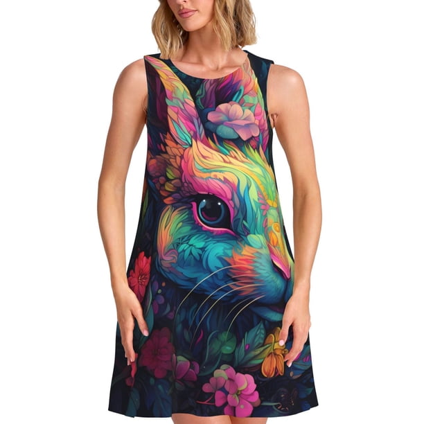 Easygdp Colorful Patterned Rabbit para Vestido Transpirable de Mujer, Vestido Suelto de Manga Corta con Pliegues y Bolsillos para el Verano