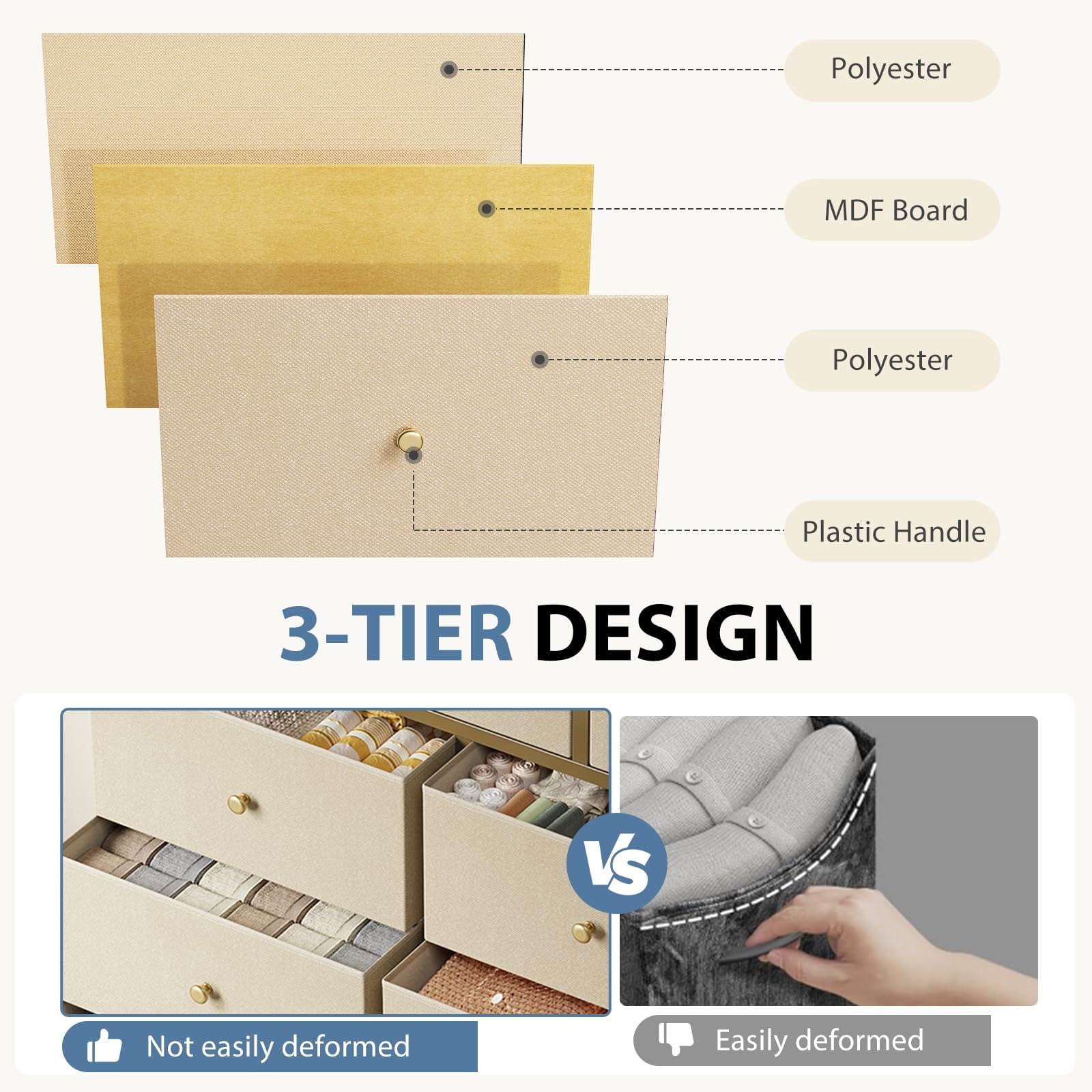 Telyra 9-Drawer Fabric Dresser Tall Storage Tower with Wood Top and Steel Frame Bedroom Closet Organizer, Khaki