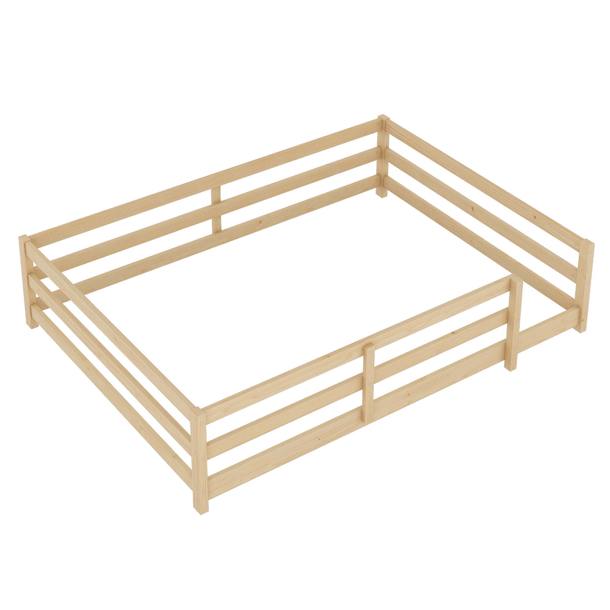 Holaki Full Size Bed Frame with Rails,Wood Montessori Floor Bed Twin Size,Floor Bed with Fence,Montessori Floor Bed for Girls and Boys,77"x58.1"x15.7",Natural