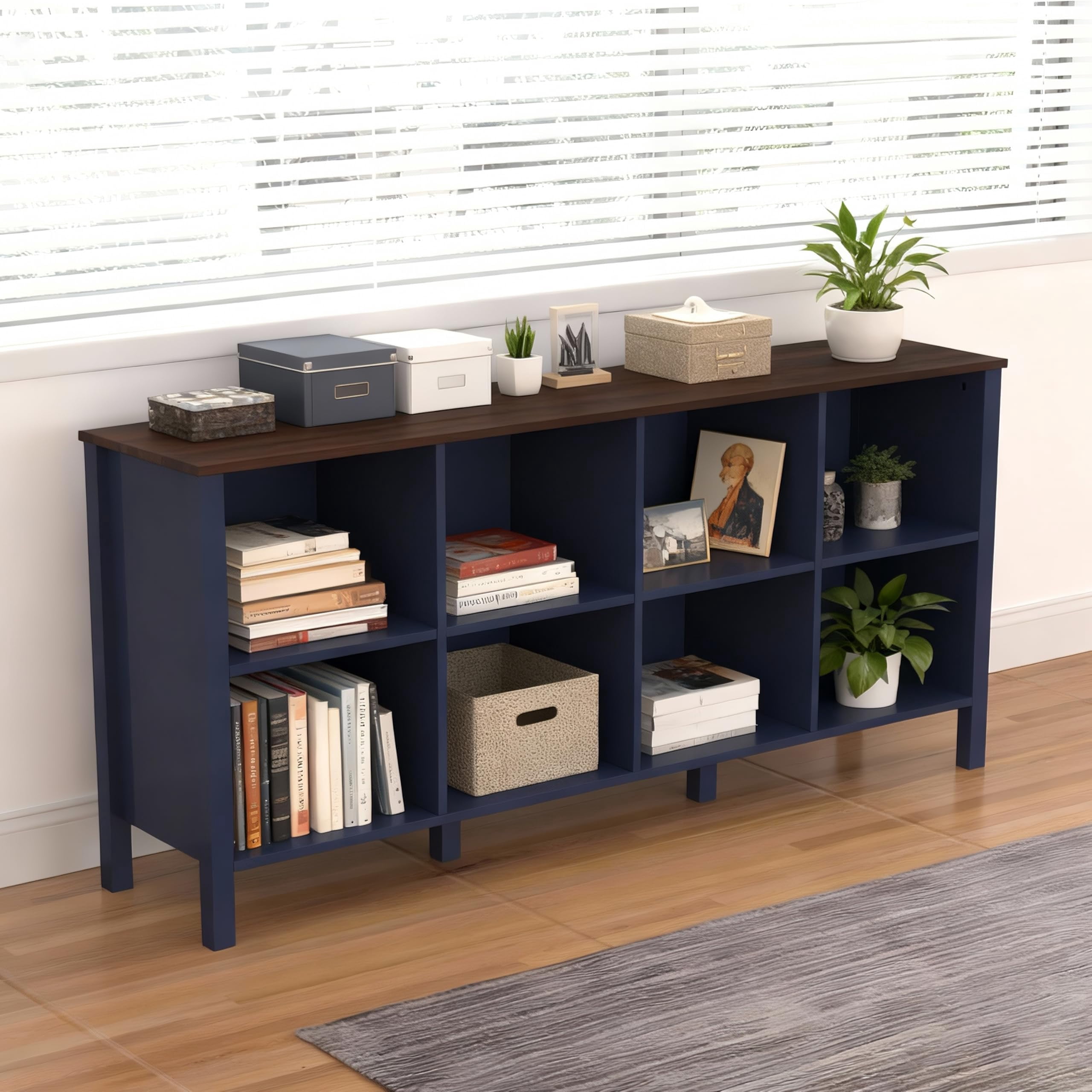 NEWADARA 8-Cube Bookcase, Farmhouse Wooden Bookshelf Low Storage Organizer, 59" Horizontal Navy Blue Console with Legs, Hallway Book Case for Entryway, Display Cabinet for Living Room (Navy Blue)