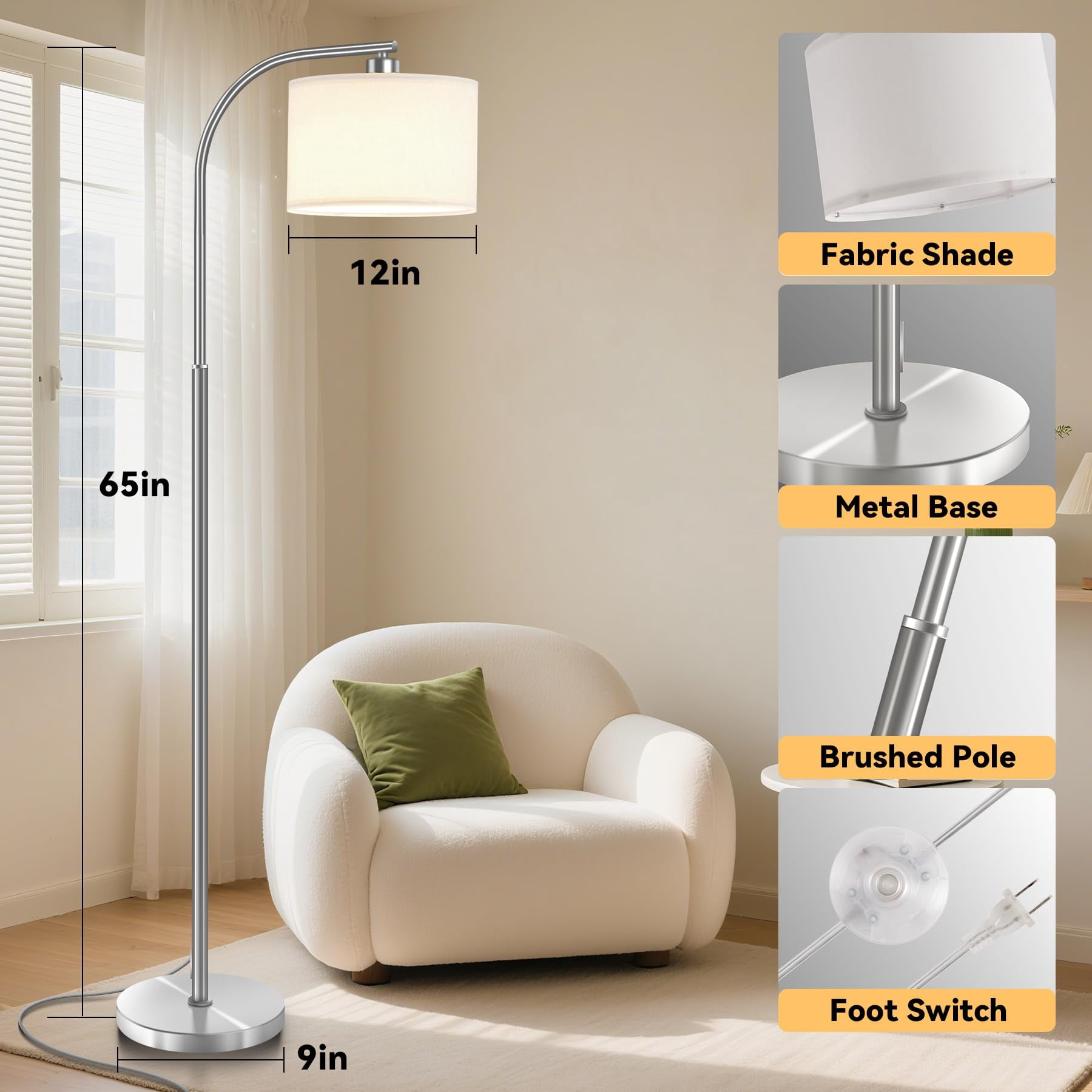 Floor Lamp For Living Room 65'' Modern Standing Lamps With 9w Led Bulb Tall Light Fabric Shade 3 Color Temperatures Bedroom Office Study Corner Dining