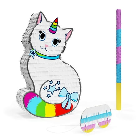 Caticorn (Cat + Unicorn) Pinata Bundle with a Blindfold and Bat ― Hand Made Extra Small Sized Pinata For Birthday Parties, Kids Carnival and Related Events ― Can Hold Up to 2 lbs of Candy