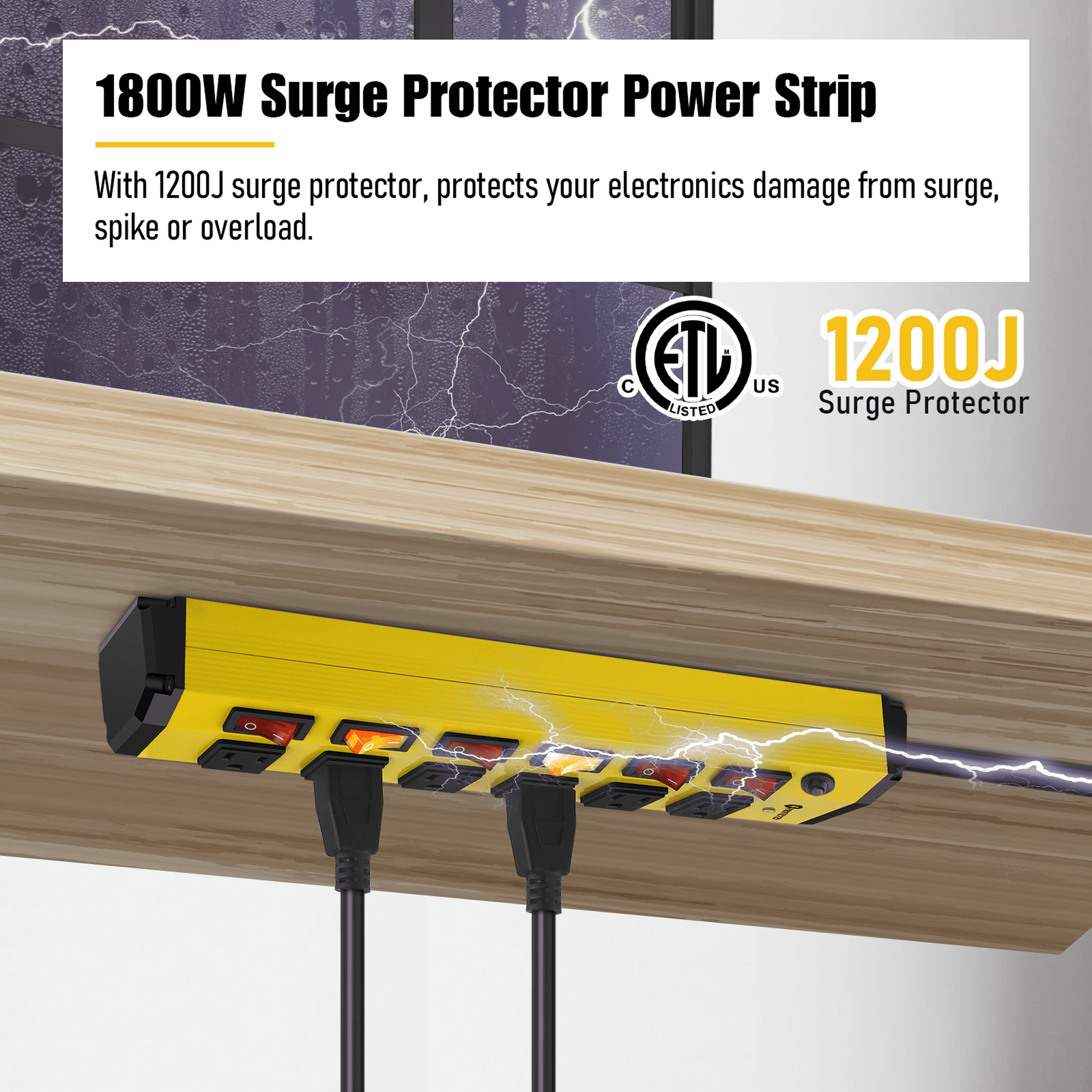 VILONG Heavy Duty Surge Protector Power Strip with Individual Switches, Overload Protection, 1200J 6ft Extension Cord, 45°Flat Plug, ETL Certified