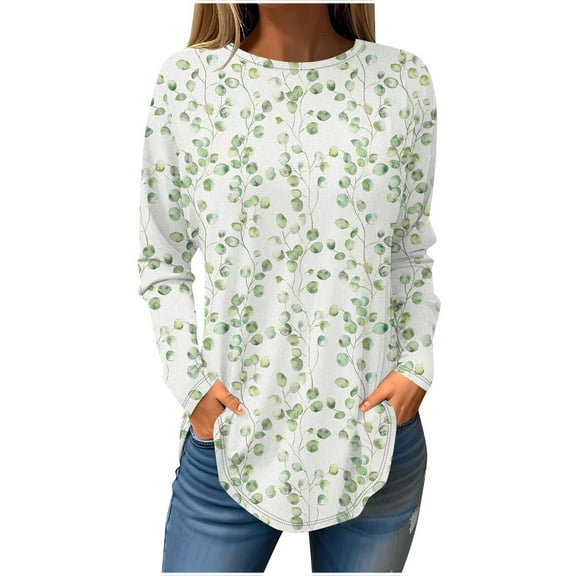 Long Sleeve Shirts for Women Fashion Floral Print Long Blouses Casual Round Neck Loose Shirt Drop Shoulder Tunic Tops Spring Summer Pullover Top Style 01 L