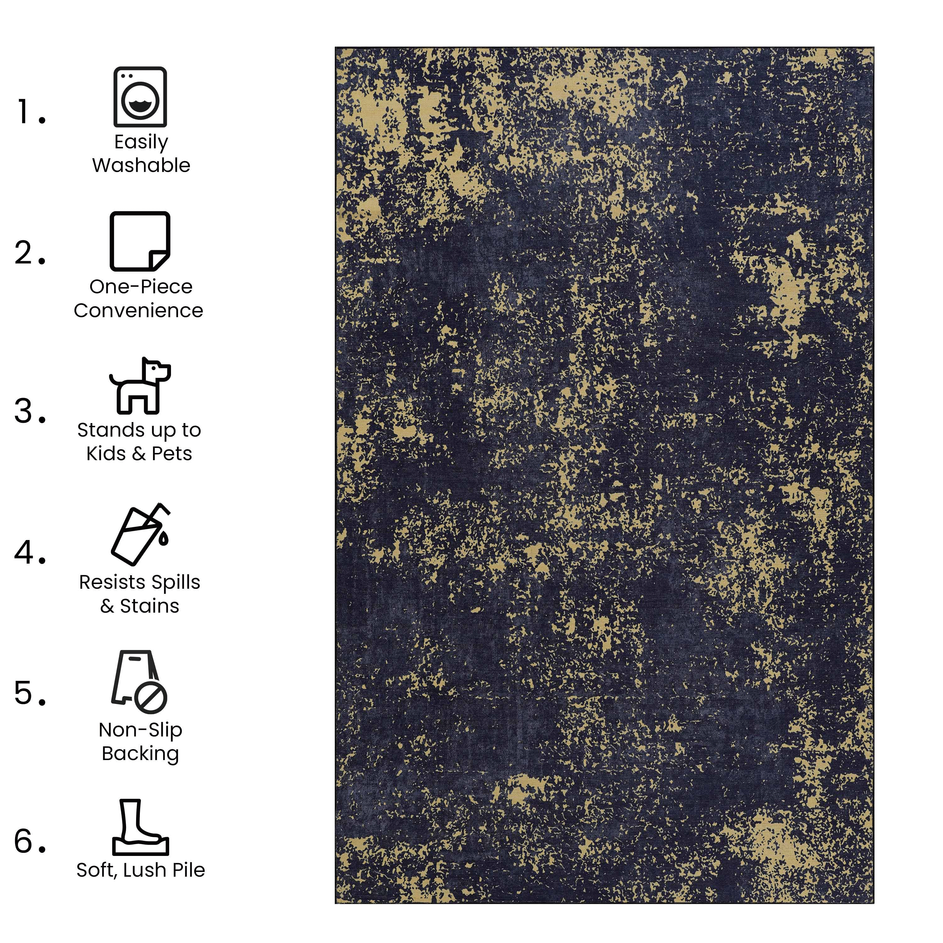 Washable Area Rug 5' x 8' Non-Slip Low Pile Chenille Rug Stain Resistant Indoor Carpet for Living Room Bedroom Dining Room Kitchen Hallway Playroom