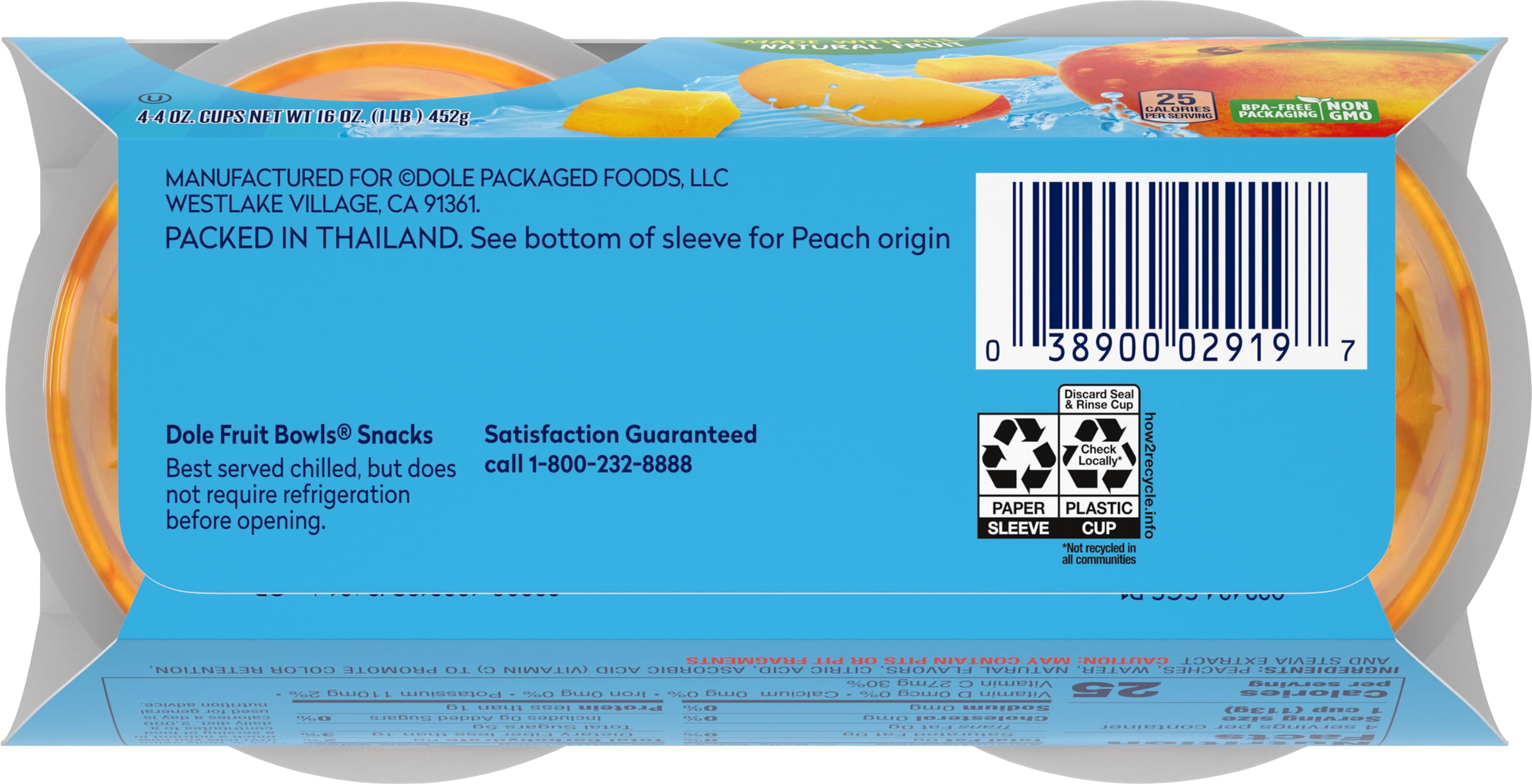 (2 pack) (4 Pack) Dole No Sugar Added Diced Peaches Fruit Cups, 4 oz