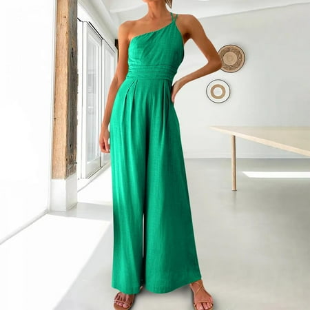 

Homadles Wide Leg Jumpsuits for Women- Slim Fitted Sleeveless Casual Cotton linen Fashion Solid Rompers for Women Summer Green XXL